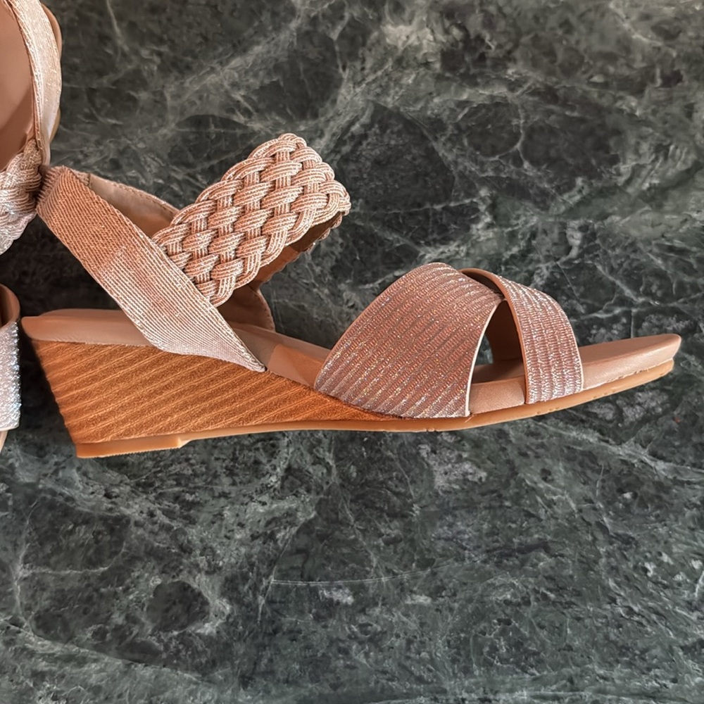 XIANGLV Women’s SZ 6 Sparkly Pale Pink Braided Stretch Strap Wedge Heel Sandals - Picture 4 of 12